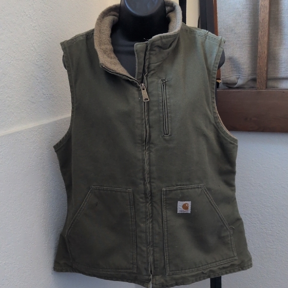 ✨ Green Carhartt Duck Mock Neck Sherpa Lined Vest Size Women's Large - Picture 2 of 10